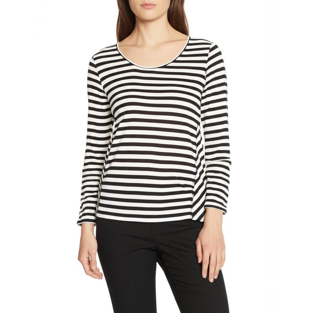 Elliott Lauren Long Sleeve Womens L Black‎ White Striped Crewneck Linen Knit Top